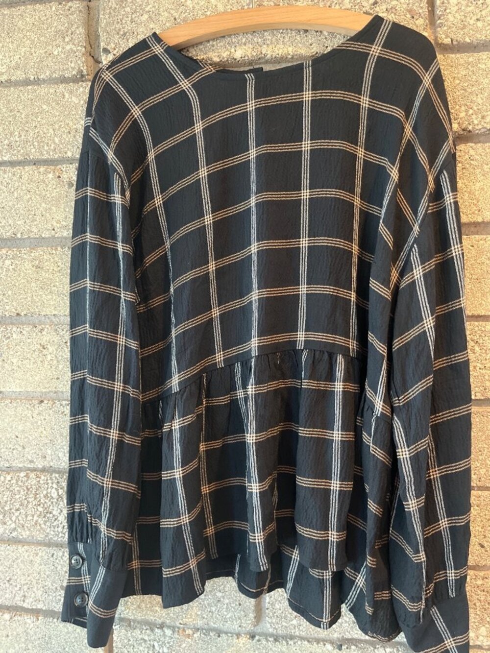 Madewell Black & White Plaid Button-Down Peplum Blouse Size L Lightweight & Text